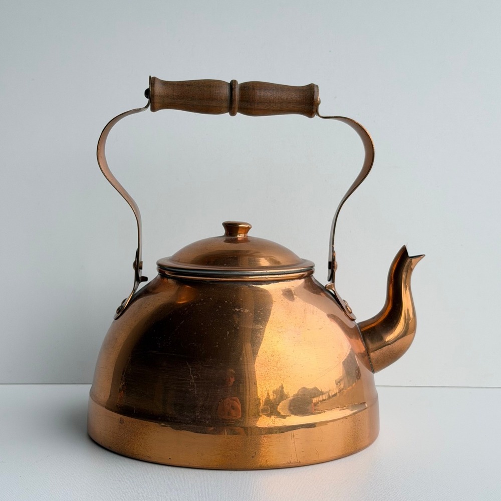 Vintage Copper Tea Kettle Pot Portugal Wood Handle Farmhouse Cottagecore MCM